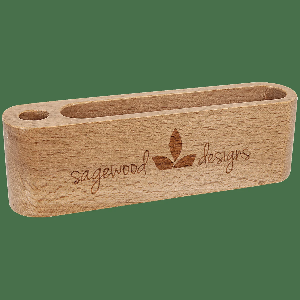 5 1/4" Beech Wood Business Card and Pen Holder 1