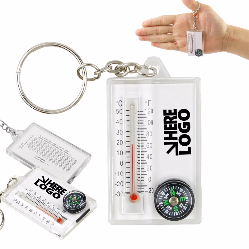 MOQ 20 Thermometer Compass Keychain Hiking Key Tag