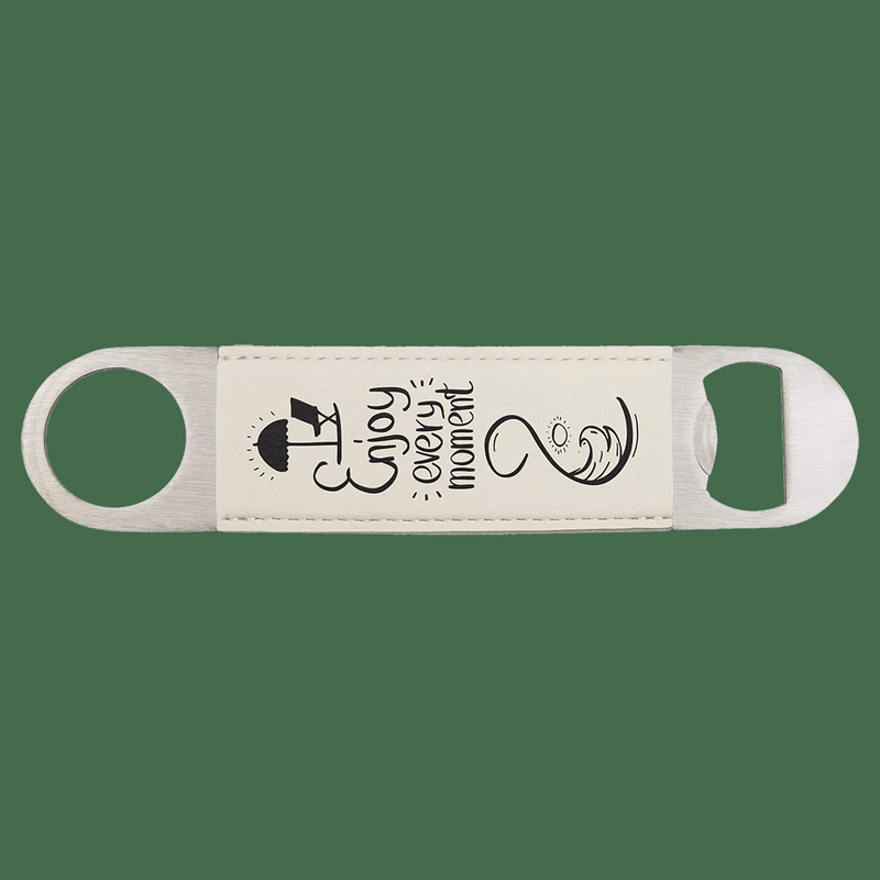 1 1/2" x 7" White/Black Leatherette Bottle Opener