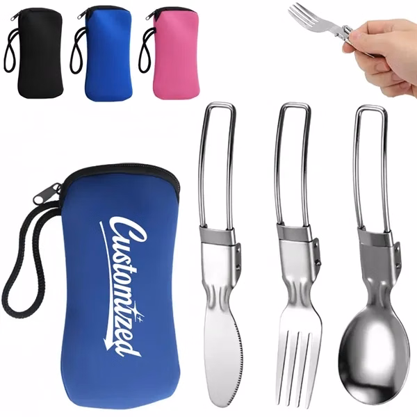 Custom 3-Piece Stainless Steel Folding Cutlery Set with Pouch — Outdoor Travel