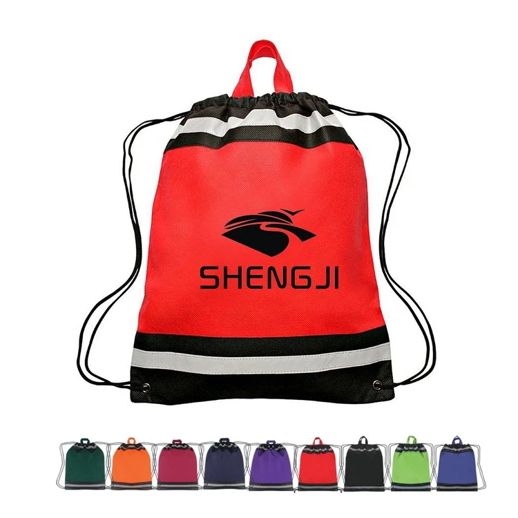 SM00094 - Non Woven Hunting Reflective Drawstring Backpack Bag With 1" Stripes, 1