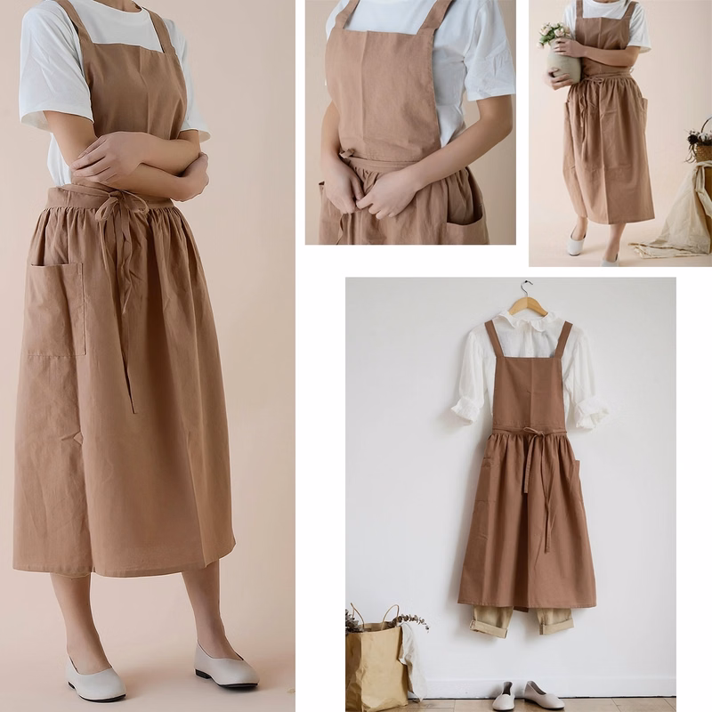 Cotton Linen Cross Back Apron with Pockets