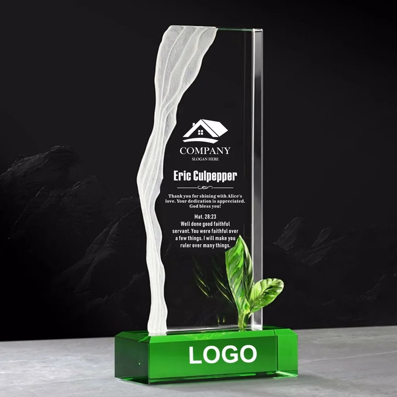 Green Leaf Crystal Trophy