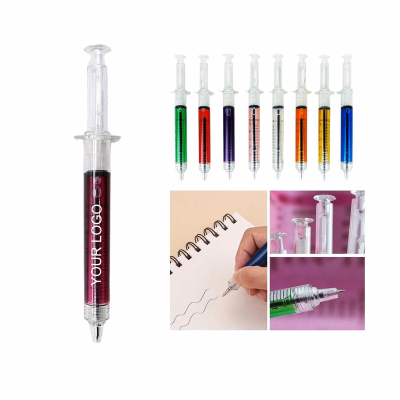 5.71" x 0.4" Syringe-Shaped Ballpoint Pen with Blue Ink and Logo