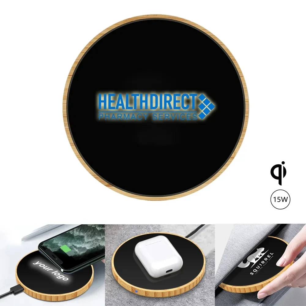 Light-up Logo Bamboo Wireless Charger Round 15W 1