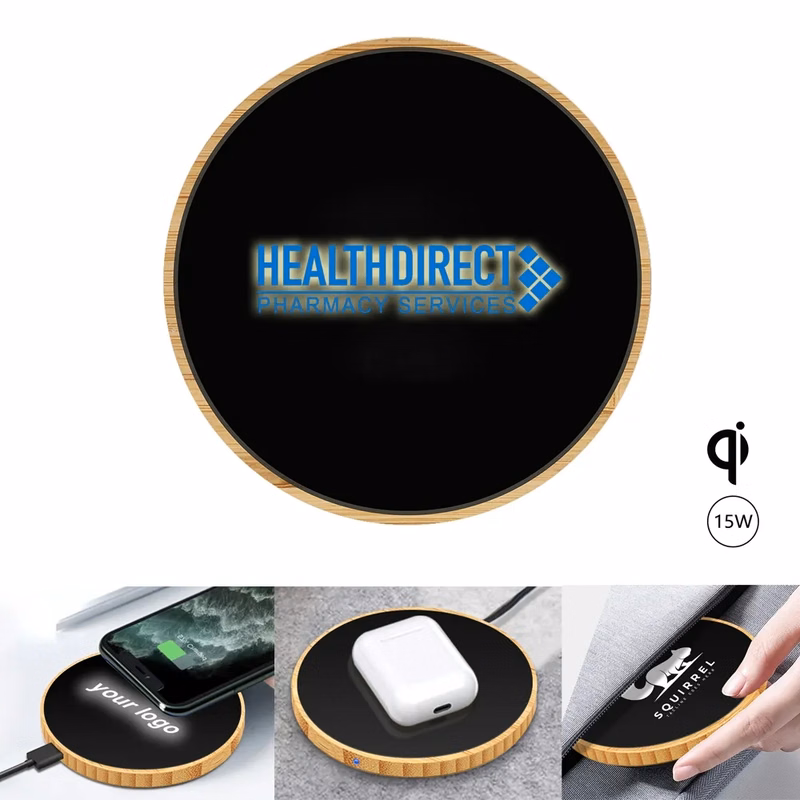 Light-up Logo Bamboo Wireless Charger Round 15W
