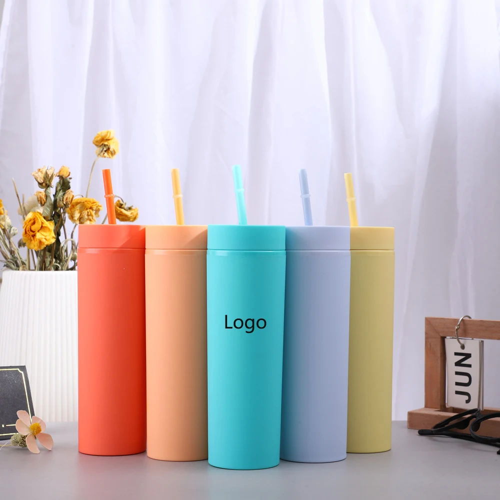 16oz Double-layer Plastic Straight Cup SKINNY Rubber Paint Tumbler / Straw 1