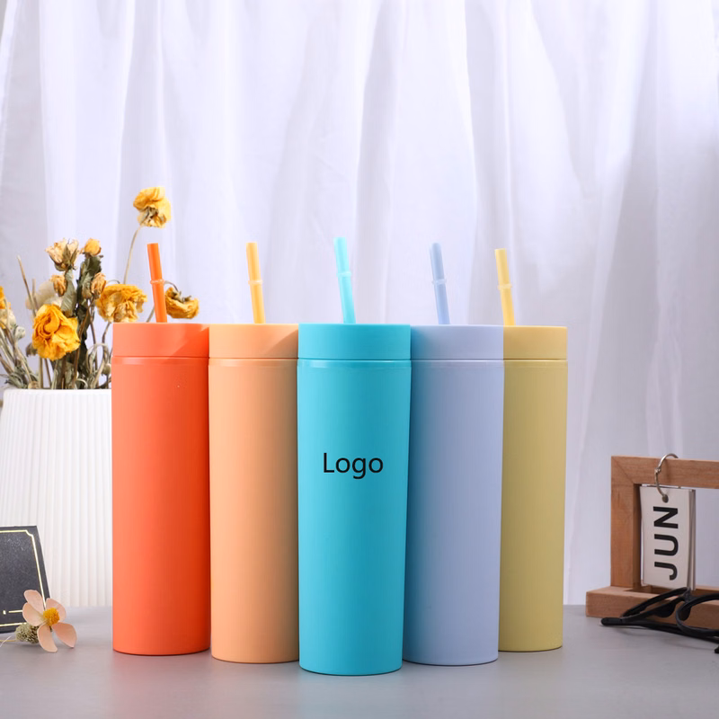 16oz Double-layer Plastic Straight Cup SKINNY Rubber Paint Tumbler / Straw