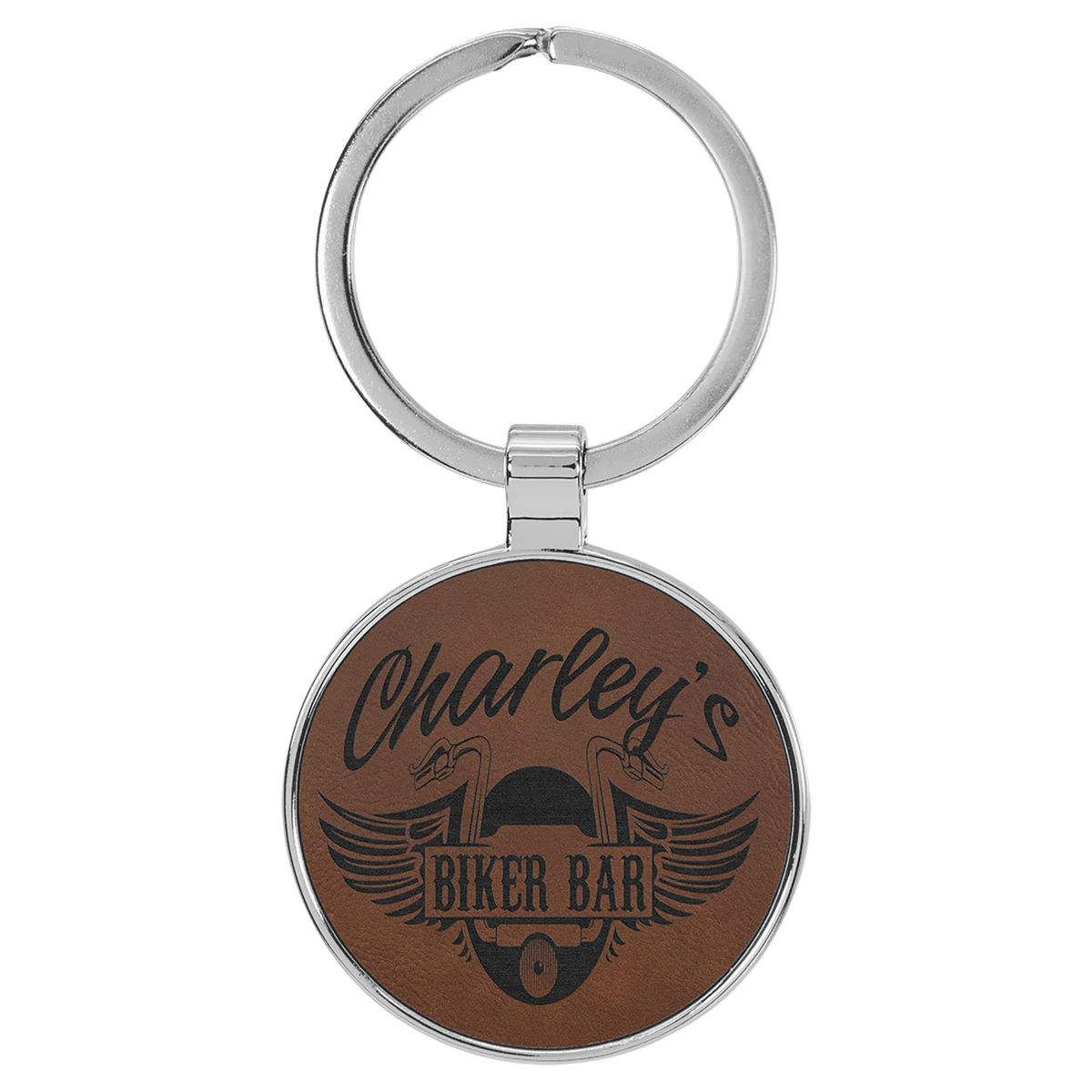 1 1/2" Leatherette/Metal Dark Brown Round Keychain 1
