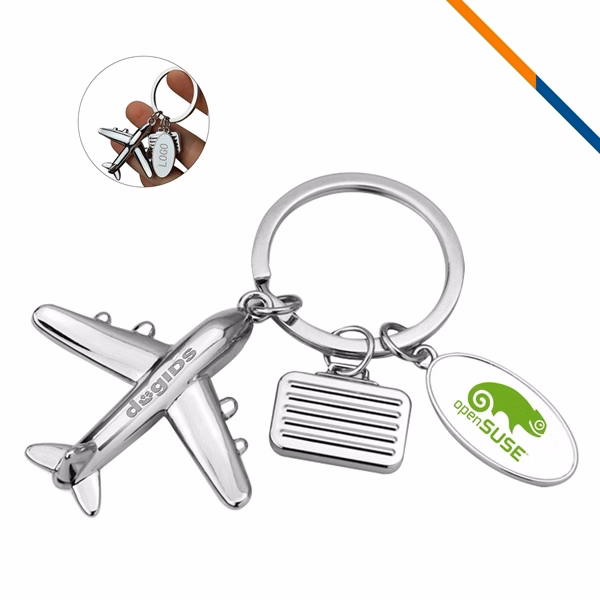 Custom Metal Airplane & Oval Tag Keychain Pair — Full-Color Trade Show Promotional