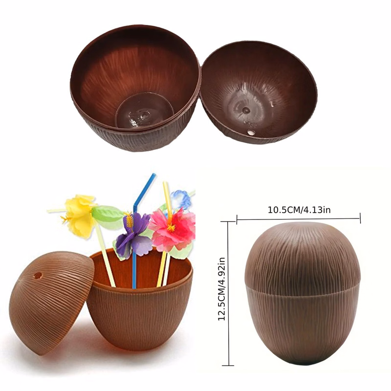 17oz Coconut Style Drink Cups- With Flower Straw 5"L X 4"W