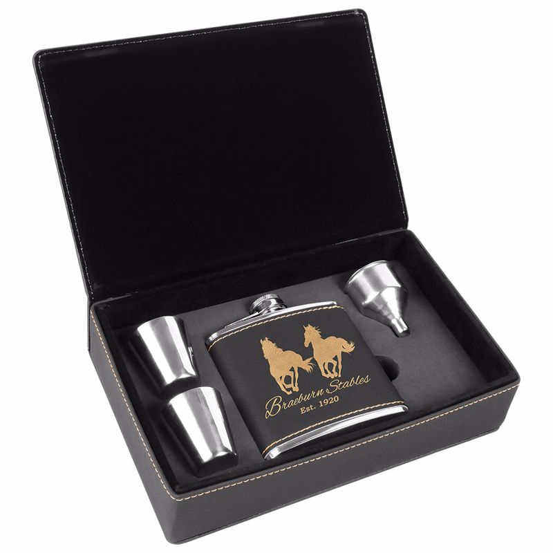 Stainless Steel Black/Gold Leatherette Flask Gift Set