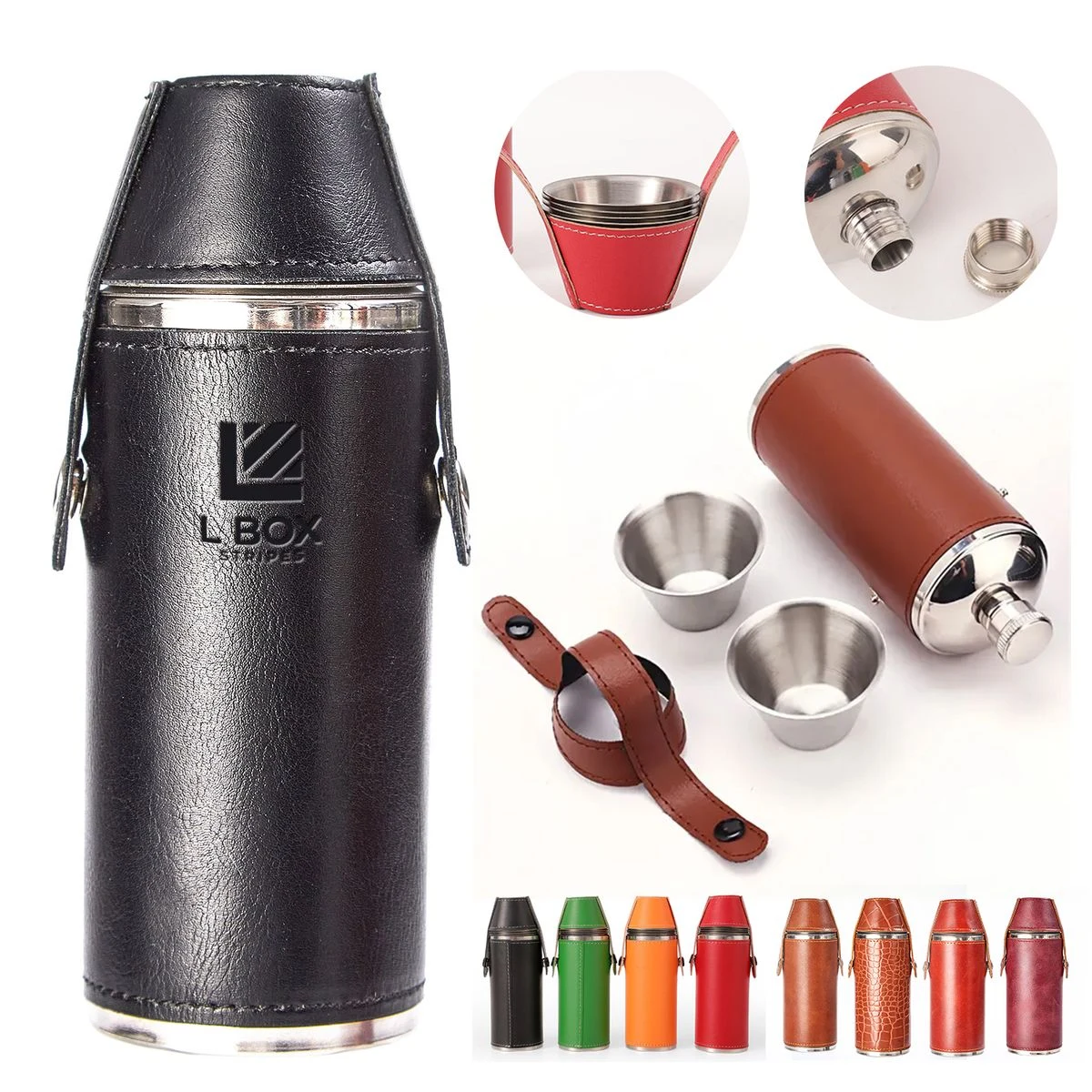 8Oz Leather Wrapped Stainless Steel Vacuum Flask, custom water bottle with logo imprint 1