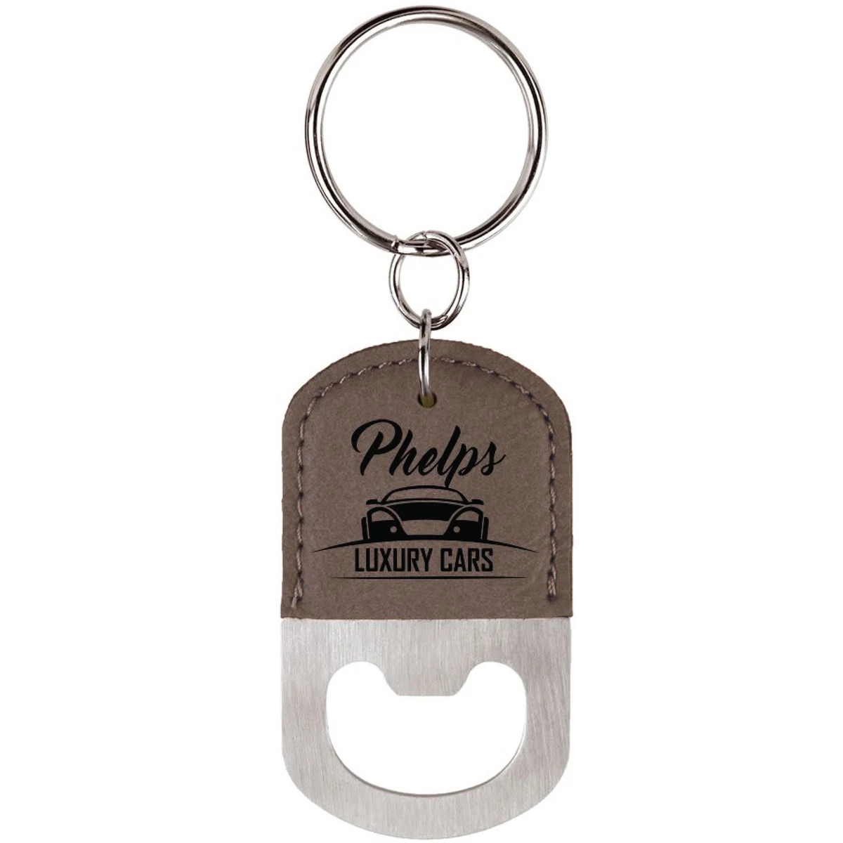 Gray Oval Leatherette Bottle Opener Keychain 1