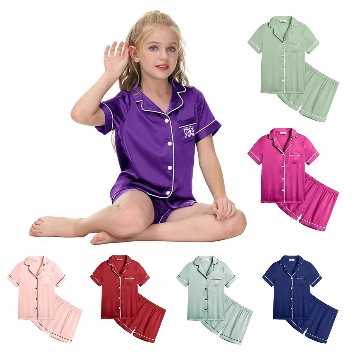 4-13T Boys Girls Unisex Satin Pajamas Set 2 Piece Silk Pjs Short Sleeve Button Down Sleepwear 1