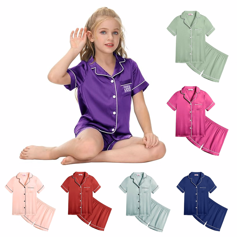 4-13T Boys Girls Unisex Satin Pajamas Set 2 Piece Silk Pjs Short Sleeve Button Down Sleepwear