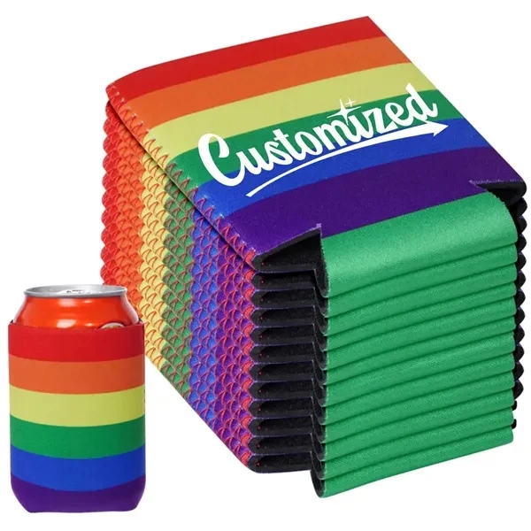Custom 12 oz Rainbow Neoprene Can Cooler Sleeve — Pride & Diversity Awareness Gift, custom koozie with logo imprint 1