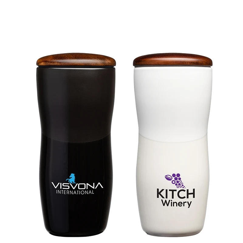 Tarrazu 12 oz. Double Wall Ceramic Tumbler w/ Wood Lid 1