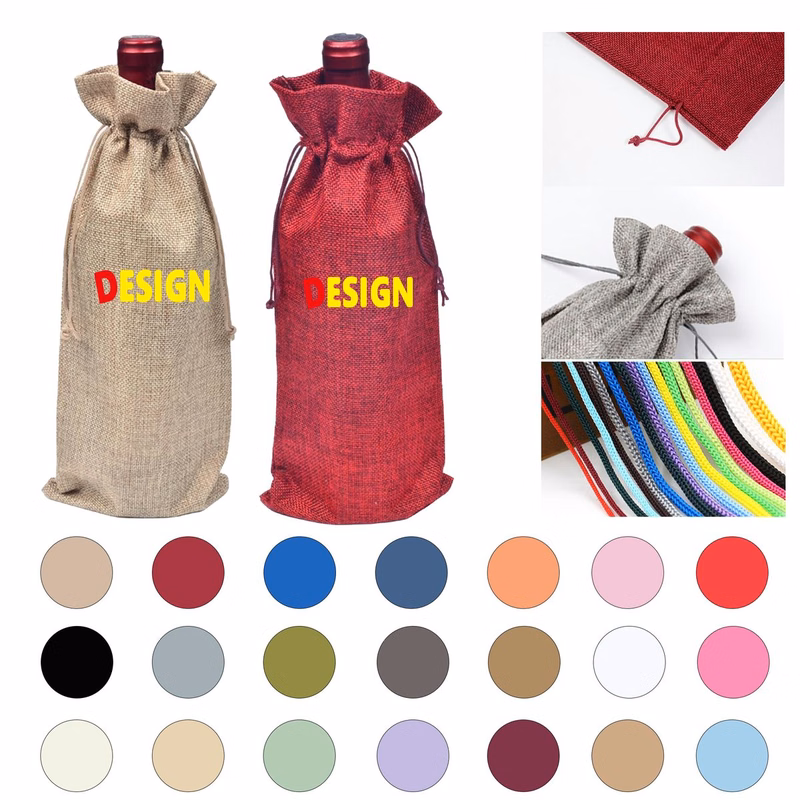 Polyester Linen Look Wine Bottle Drawstring Bag