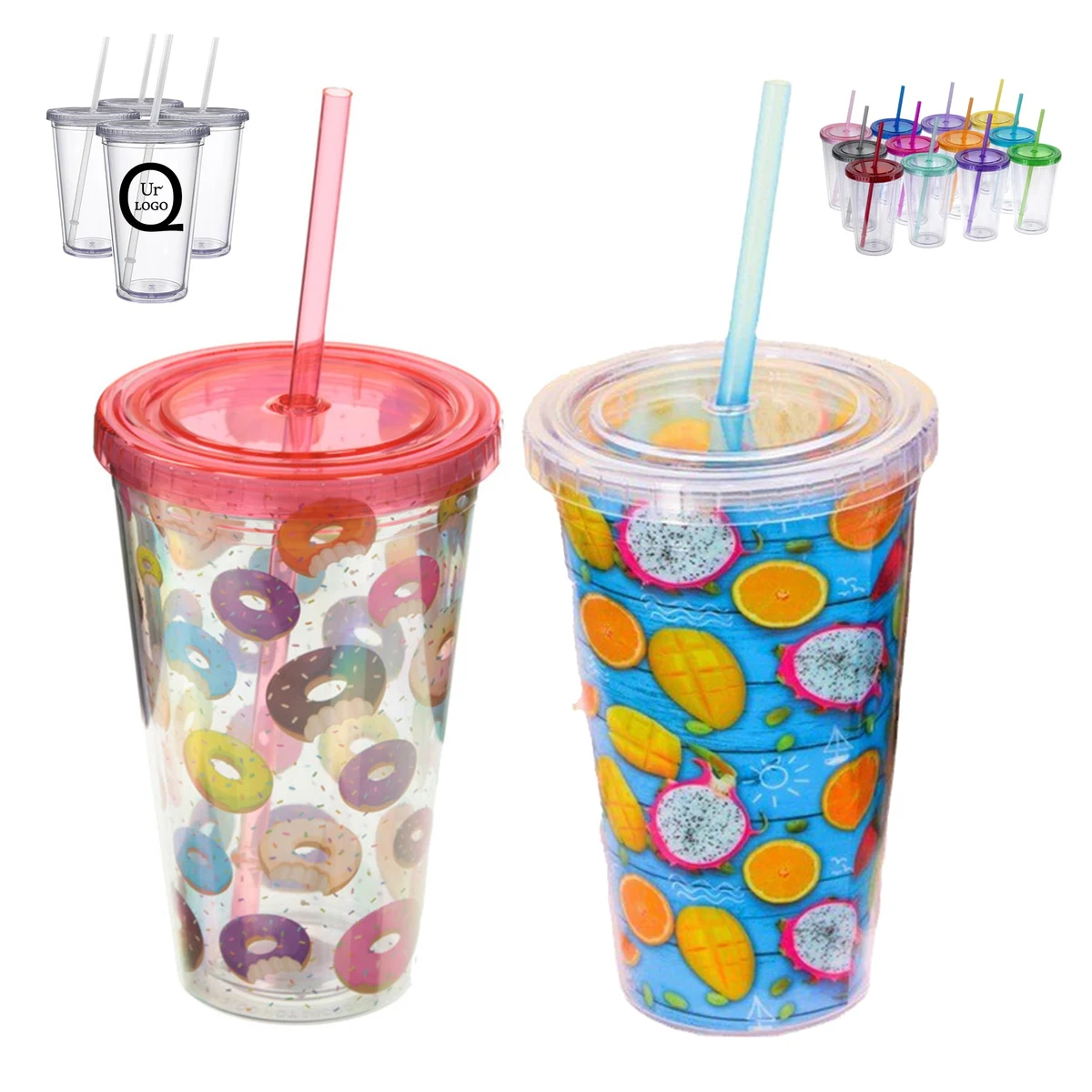 16 Oz Double Plastic Cup W/Straw 1