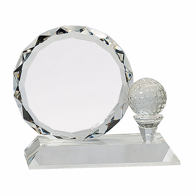 5 1/4" Round Facet Crystal Award w/Golf Ball On Pedestal Base