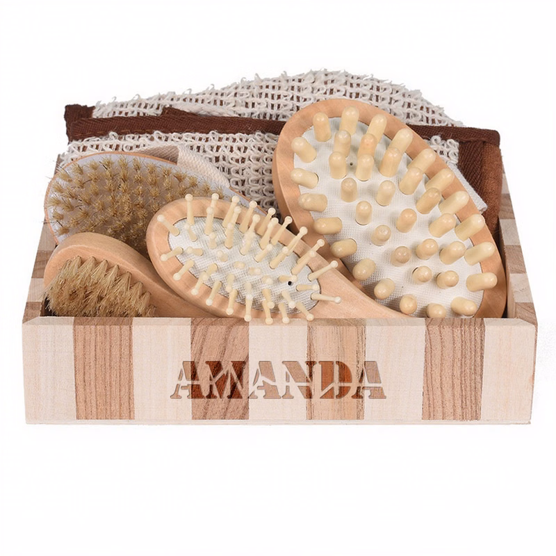 7 Pcs Wooden Bath Set w/ Massage Brush
