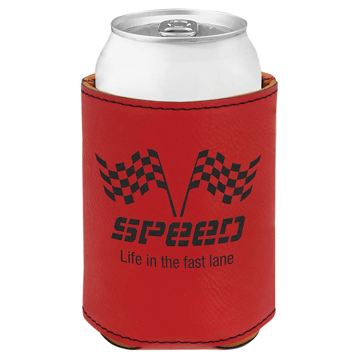 3 3/4" Red Leatherette Beverage Holder, custom koozie with logo imprint 1