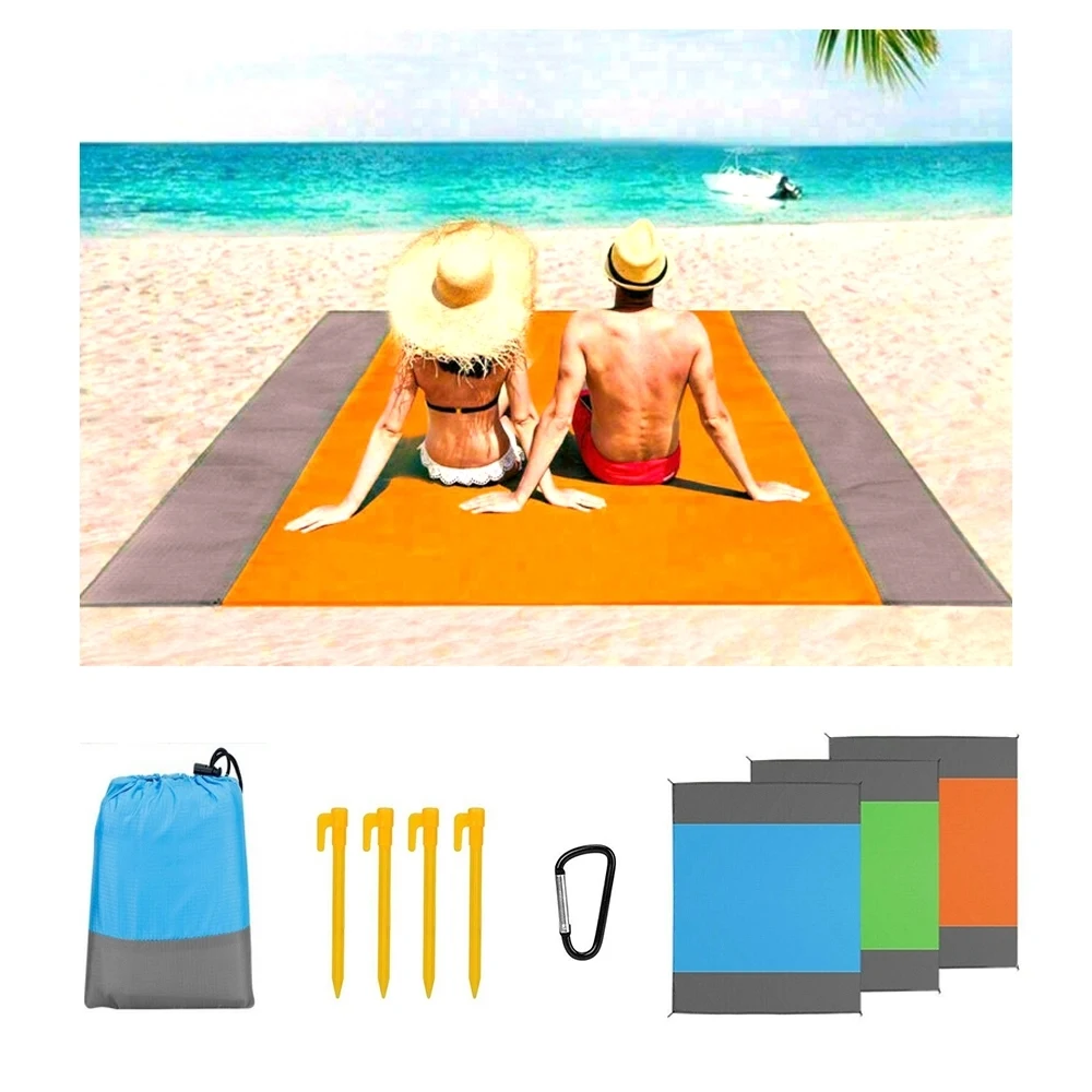 Foldable Waterproof Sandproof Beach Mat w/ 4 Stakes 1