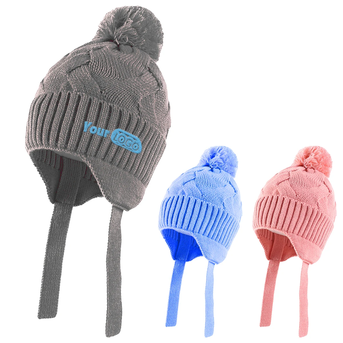 Acrylic Classic Knit Winter Hat With Ear Flaps And Pom-Pom Accent 1