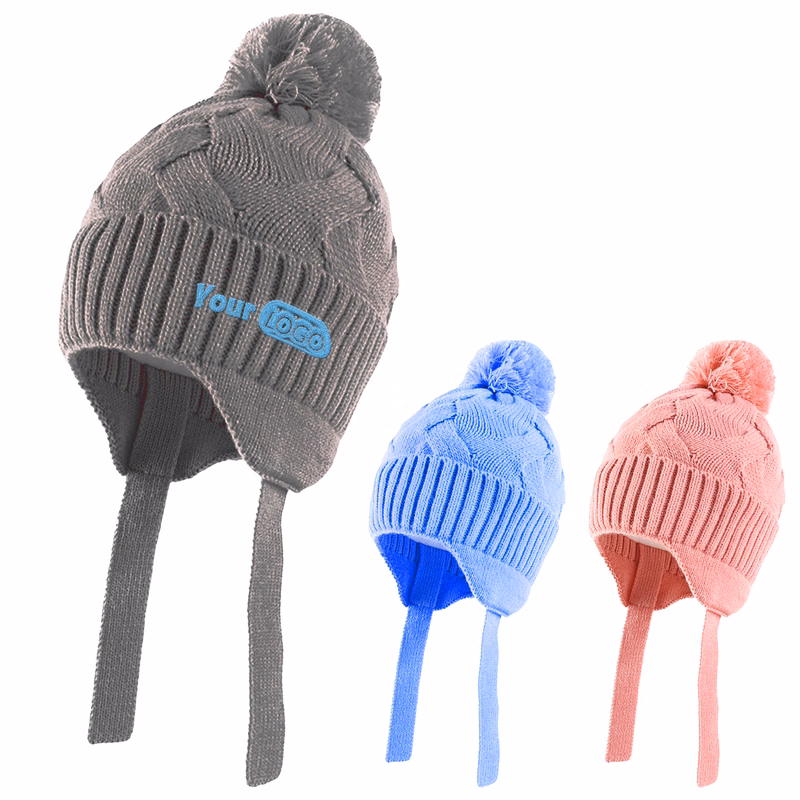Acrylic Classic Knit Winter Hat With Ear Flaps And Pom-Pom Accent