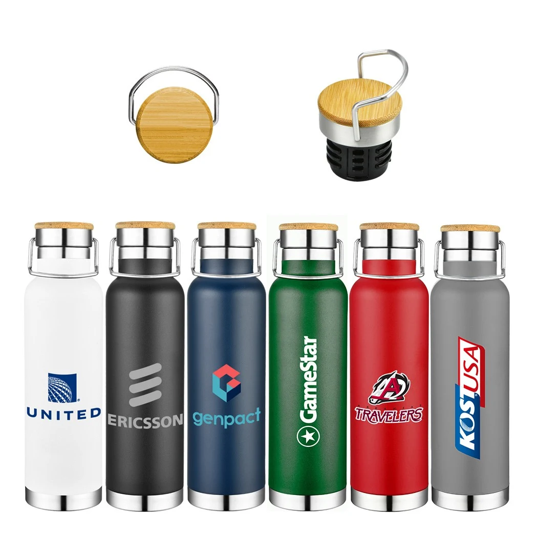 22 oz Stainless Steel Sport & Gym & Hiking Water Bottle With Wood Lid, custom water bottle with logo imprint 1