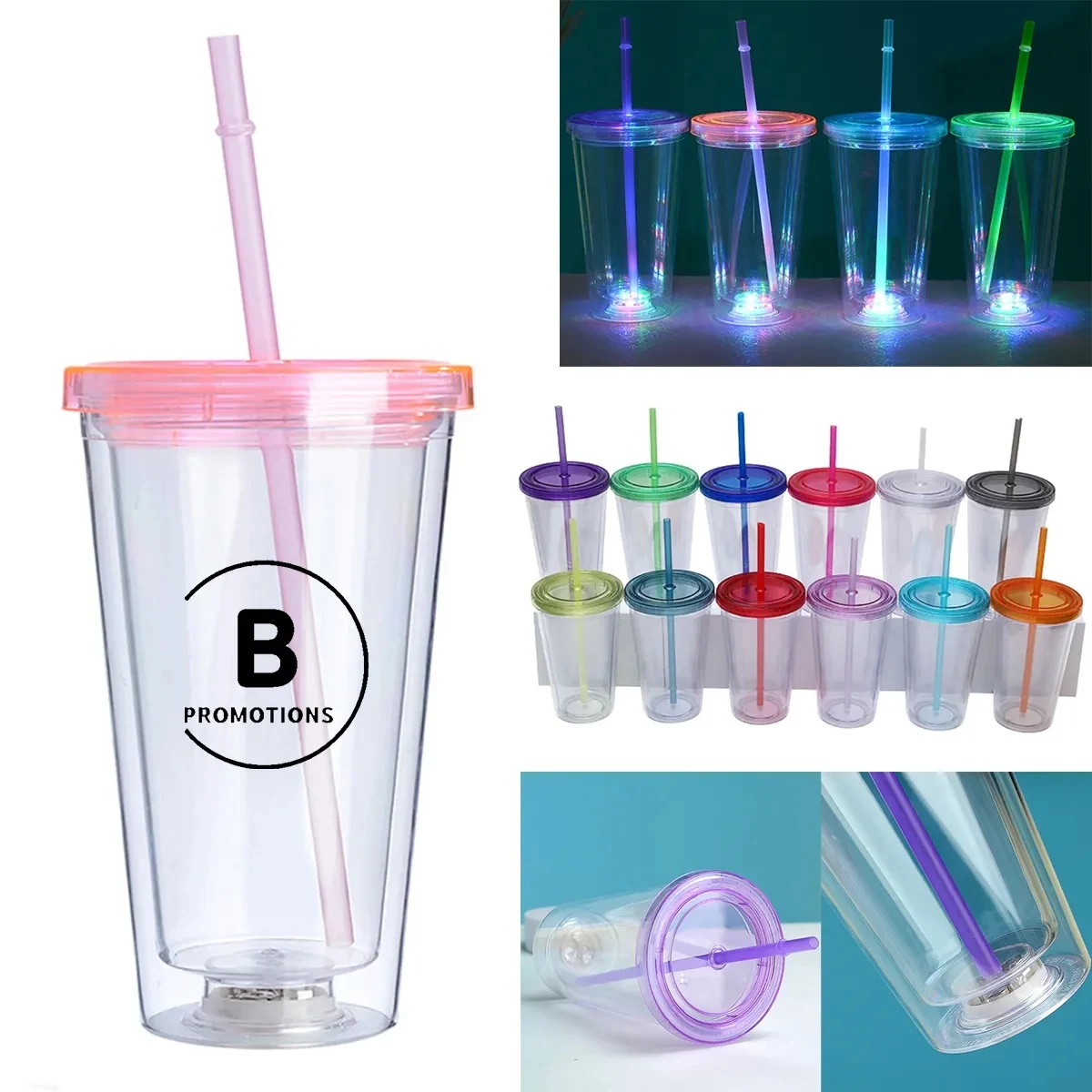 16oz LED Flashing Insulated Tumbler with Straw and Lid 1