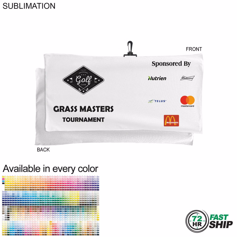 72 Hr Fast Ship - Oversized Golf Towel in Microfiber Terry, 22x44, with Black Hook, Sublimated