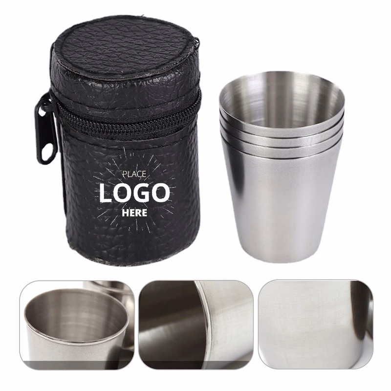 3.4oz. Portable Stainless Steel Cups Set With Leather Cover