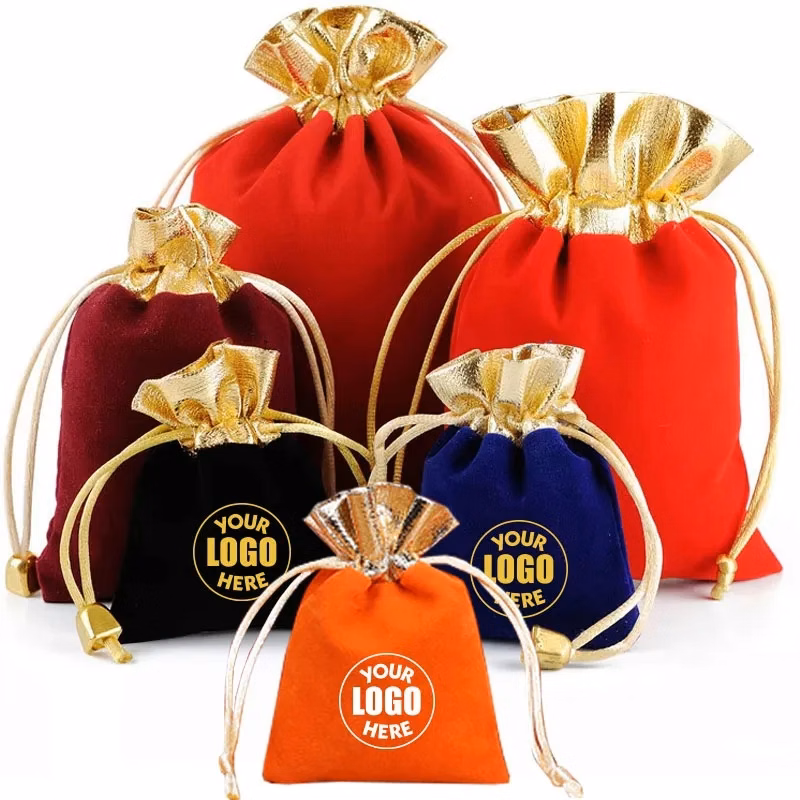 Velvet Gold Trim Drawstring Jewelry Gift Pouches