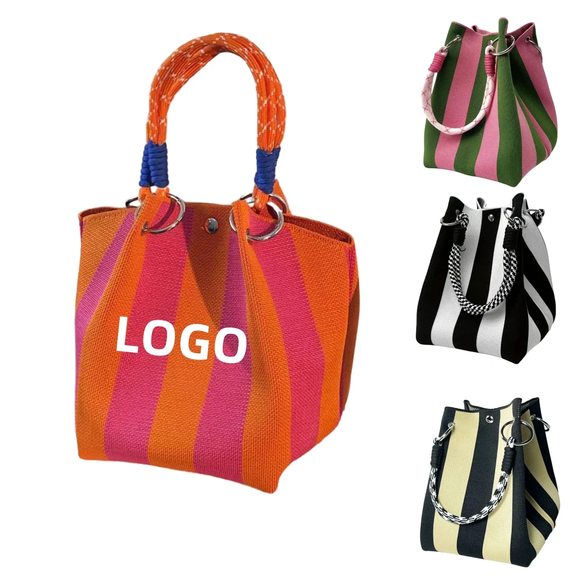 Striped Knitted Woven Tote Bag Bucket Handbag 1