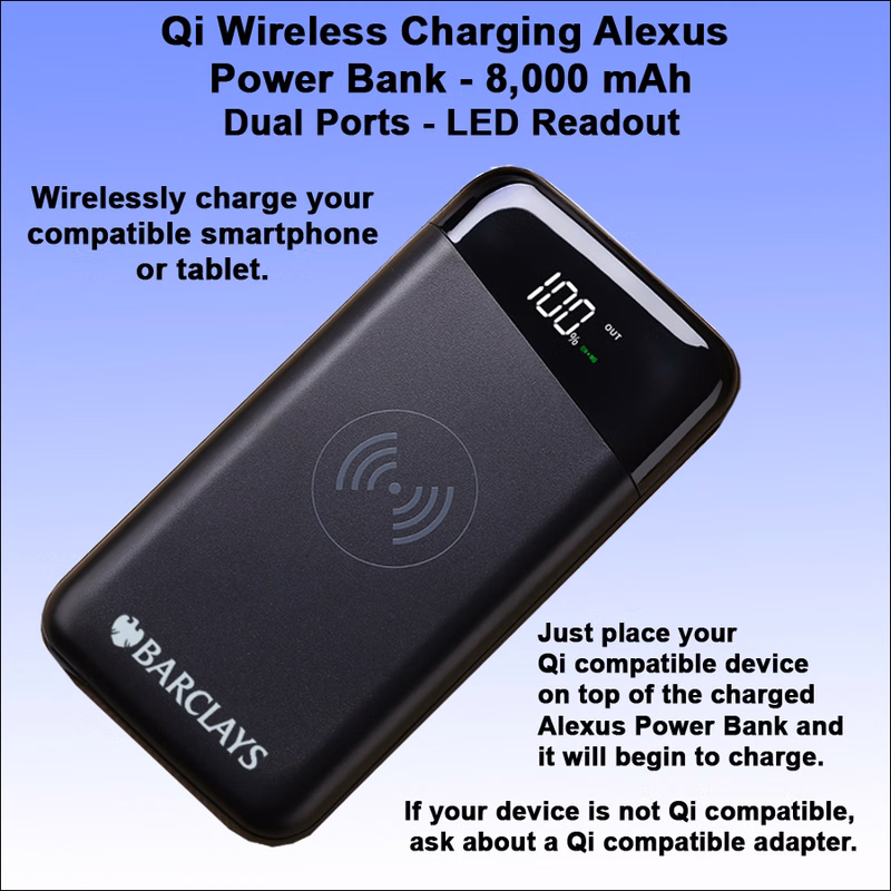Qi Wireless Charging Alexus Power Bank 8000 mAh- Black
