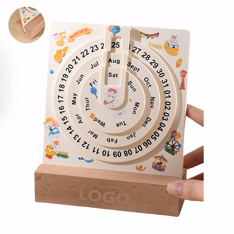 Rotating Perpetual Calendar with Birch Wood Base