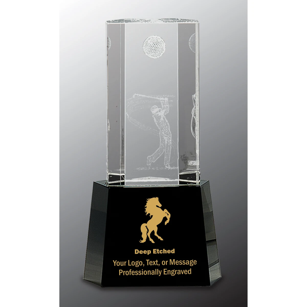 8 1/2" Clear Crystal Golf Scene Award on Black Pedestal Base 1