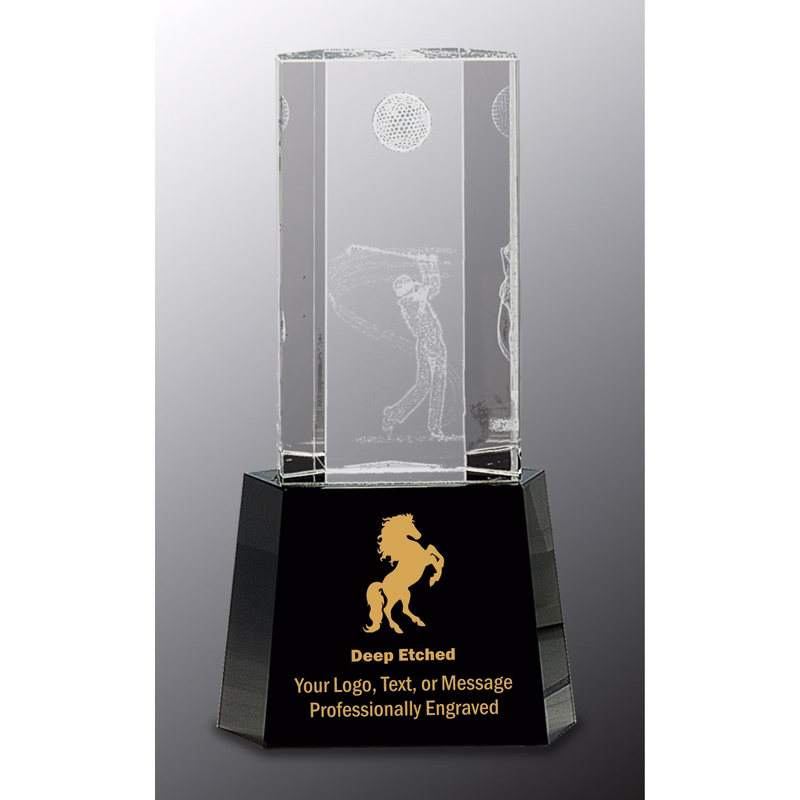 8 1/2" Clear Crystal Golf Scene Award on Black Pedestal Base