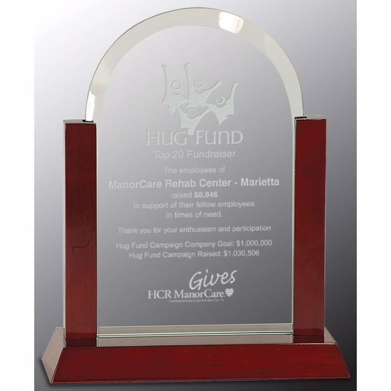 9" Jade Dome Gateway Glass Award with Rosewood Piano Finish Base