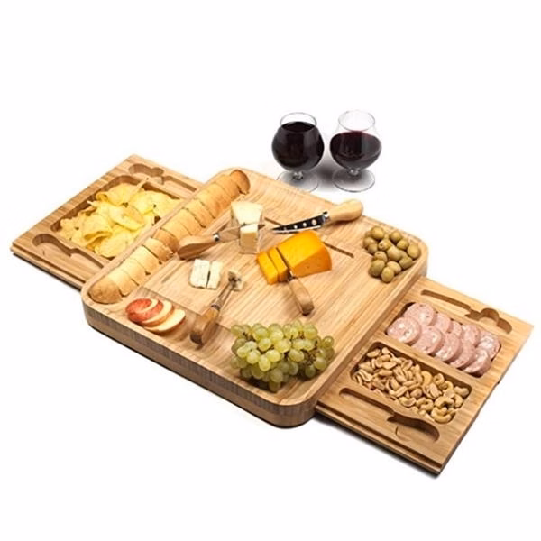 Bamboo Cheese Board& Cutlery Set With Slide-Out Drawer