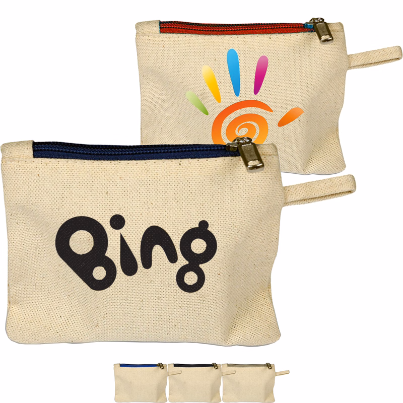 100% Cotton Canvas Card Pouch w/ Color Zipper USA Decorated (5" x 4")