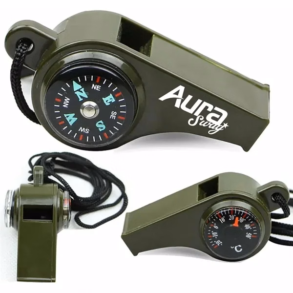 Custom Multi-Function Survival Whistle with Compass Thermometer — Camping Safety Tool