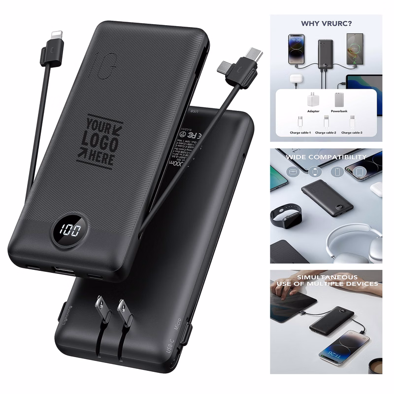10000mAh Portable Charger Built-in Cables AC Wall Plug USB C Compact Smart Phone Power Bank      