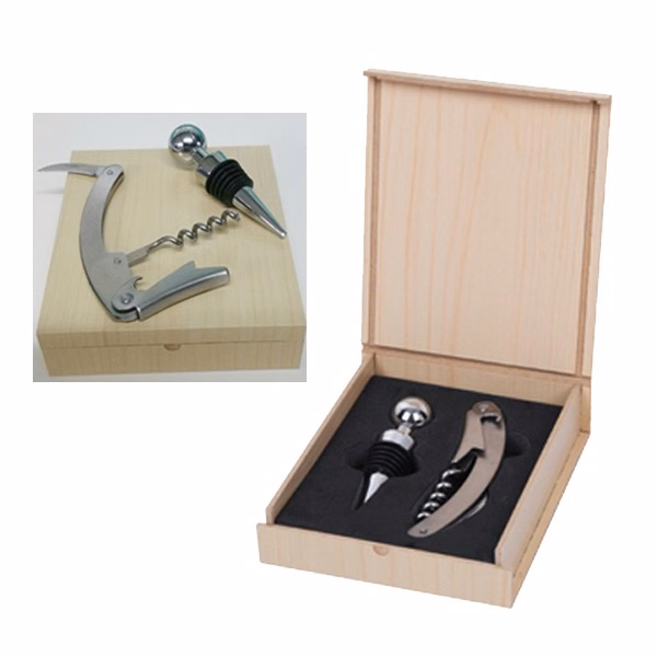 BUDGET WINE OPENER AND STOPPER SET IN LIGHT WOOD COLORED CASE