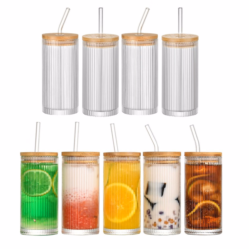 Bamboo Cover Sealed Glass Beverage Jars With Straw
