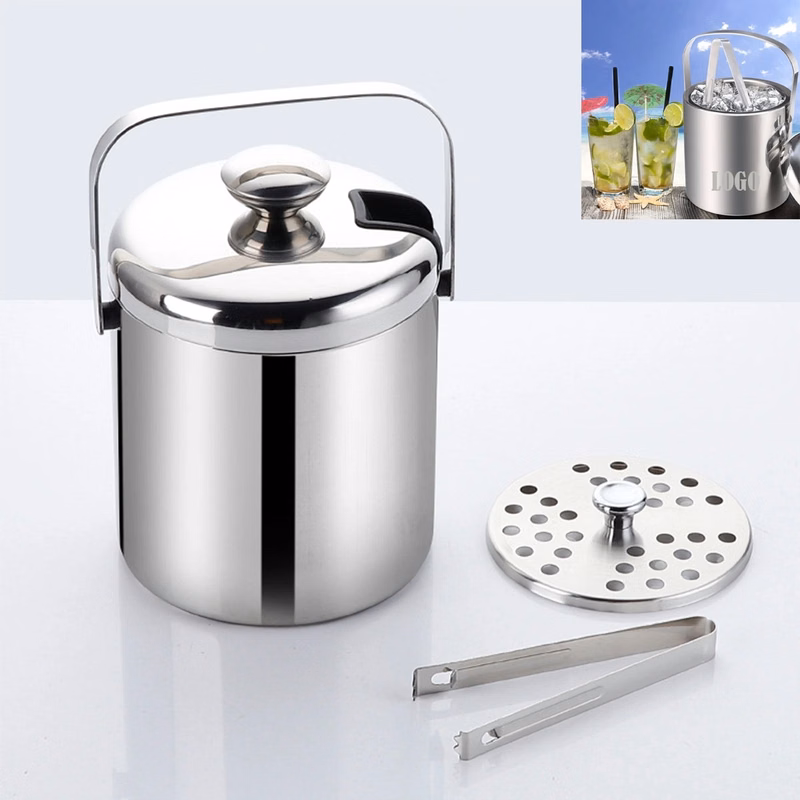 Stainless Steel Double Wall Ice Bucket with Lid and Tongs