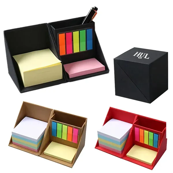 Folding Sticky Note Holder Box with Desk Organizer Stand, promotional clip with logo imprint 1