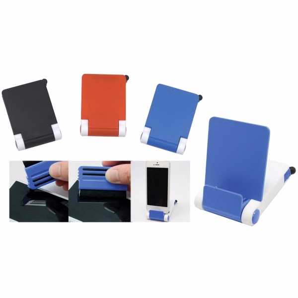 Smartphone stand with stylus and screen cleaner